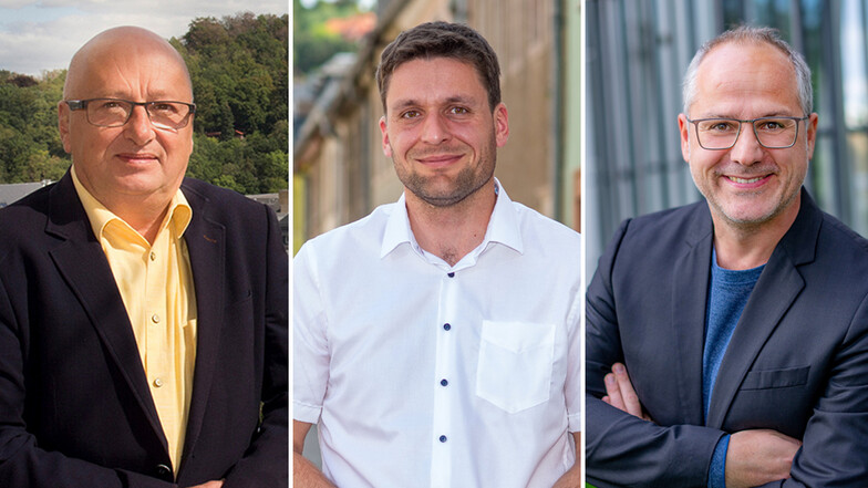 Steffen Ernst, Christian Wesemann und Tobias Busch wollen Bürgermeister in Waldheim werden.