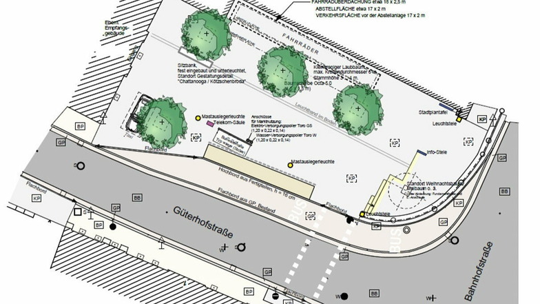 Diese Planungsskizze ist im Verkehrskonzept zu finden. Es handelt sich um einen Vorentwurf zur Neugestaltung des Bahnhofsvorplatzes.