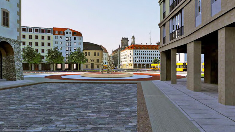 Künftig soll der Pirnaische Platz zum Aufhalten einladen. Der Glasbrunnen wird einbezogen, die St. Petersburger Straße wird schmaler und so könnte der Blick aus der wiederhergestellten Pirnaischen Straße aussehen.