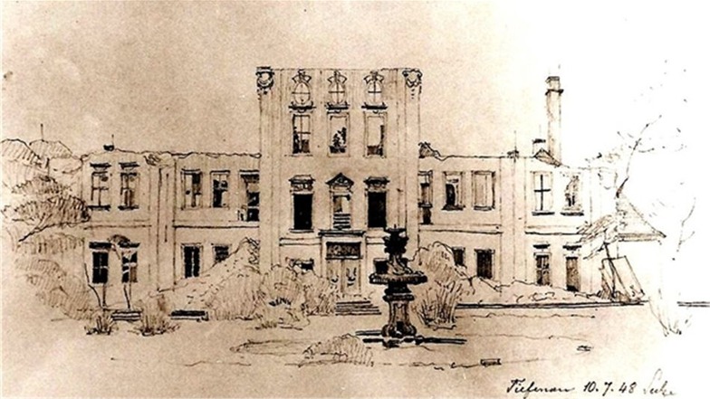 Auf einer Bleistiftzeichnung hat der Bauforscher Heinrich Sulze die Tage der Schlosszerstörung dokumentiert.