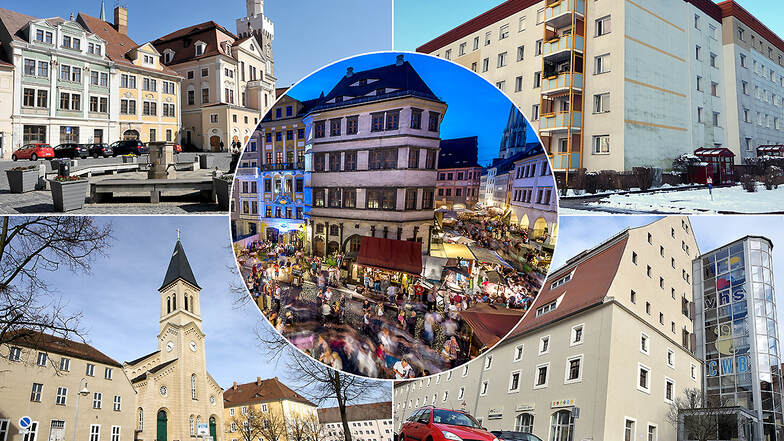 Nach den Prognosen der Statistiker wird Görlitz (Bildmitte) im Jahr 2035 mehr Einwohner haben als die anderen vier Städte zusammen: Löbau, Weißwasser, Zittau und Niesky (von oben links im Uhrzeigersinn).