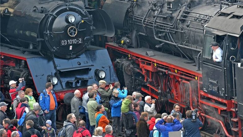 Die Schnellzuglokomotive der Baureihe 03 aus Halle (l) und die Personenzuglokomotive 23 1019 vom Lausitzer Dampfllokclub sind ein belebtes Fotomotiv.