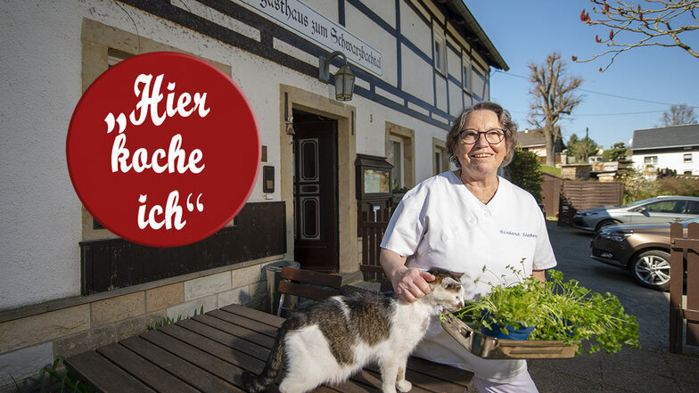 Ohne Gäste, aber nicht ohne Mut: Barbara Siebert mit Kater Hugo im verwaisten Biergarten ihres Lohsdorfer Landgasthauses Zum Schwarzbachtal.