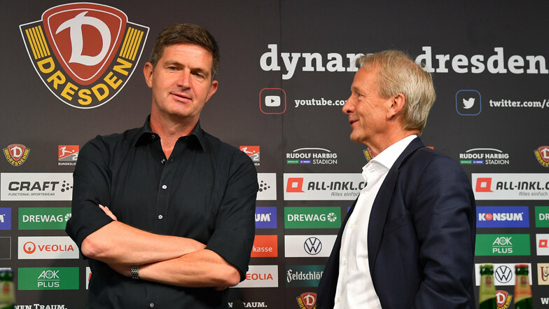Sie haben sich entschieden: Dynamo klagt nicht gegen den Abstieg. Das Risiko, da sind sich Sportchef Ralf Becker (links) und der Aufsichtsratsvorsitzende Jens Heinig einig, wäre zu groß.