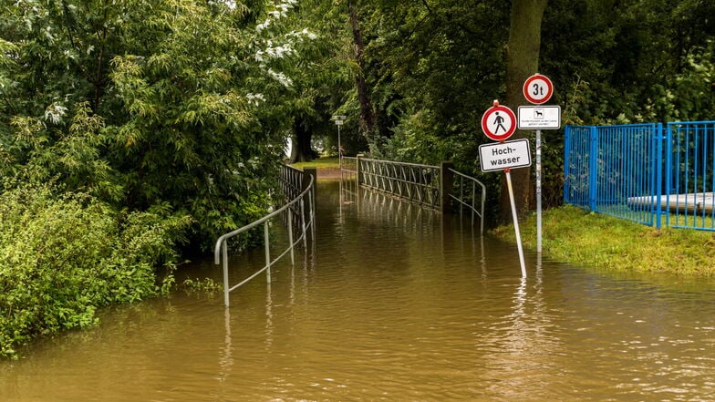 Die Jahnabrücke am Riesaer Bootshaus nahe der Elbstraße bzw. dem Stadtpark ist am Montag bereits überflutet.