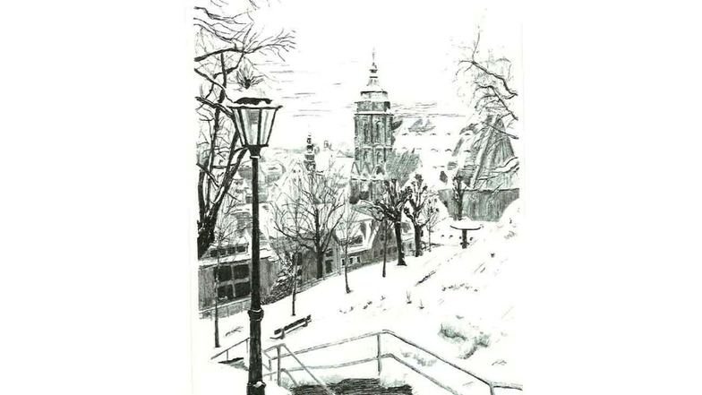 Das Motiv "Schlosstreppe im Winter" von Peter Richter ist eine der vielen filigranen Zeichnungen, die über die Zeit entstanden sind.