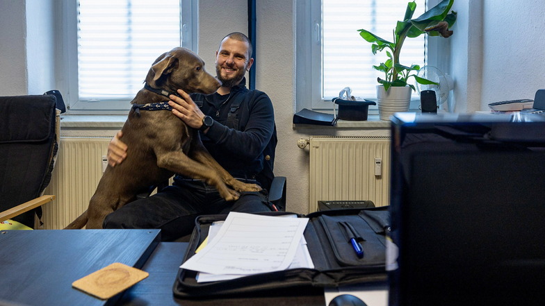Der eine will arbeiten, der andere spielen: Matthias Zißmann mit Familienhund Oskar in seinem Freitaler Schornsteinfegerbüro.