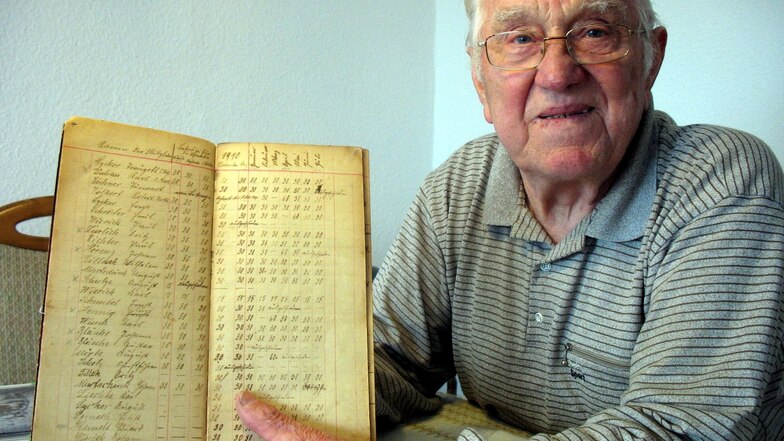 Ein Bild von 2010.  Heinz Schrader (damals 84), zeigte stolz das Kassenbuch von 1910.