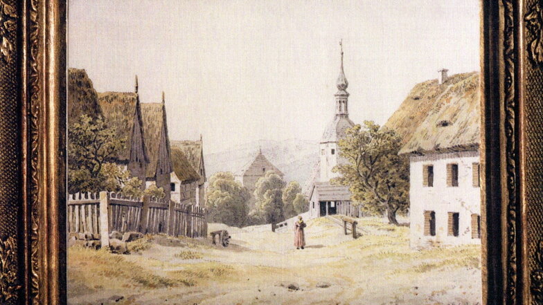 Um 1820 von Caspar David Friedrich gemalt, 1996 vom Ortschronisten in einem Buch entdeckt: die Dorfstraße Maxen.