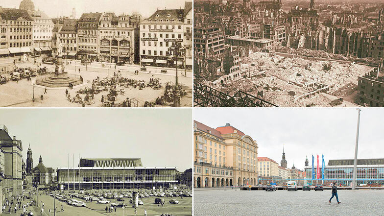 Der Dresdner Altmarkt von 1910 bis heute. In den 60er-Jahren wurde der Kulturpalast gebaut.