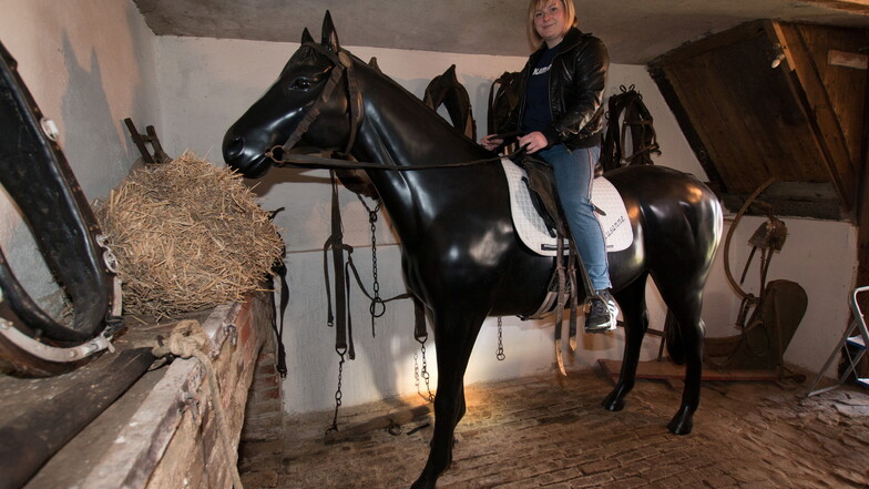 Jennifer Schönherr hat sich fürs Foto auf das Pferd gesetzt, welches sie und Adrian Reuter erstanden und ins Museum gebracht haben.