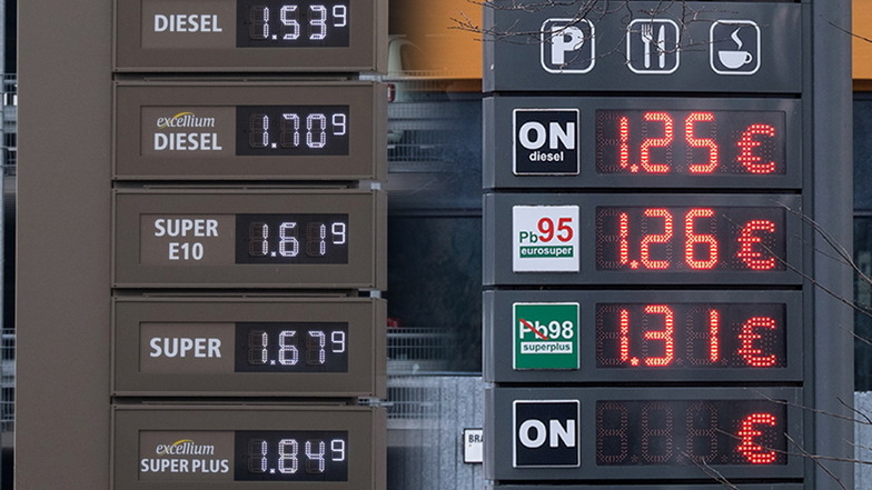 Der Vergleich am Montag macht es deutlich, die Preisdifferenz Polen/Deutschland beim Sprit wird größer: links eine Tankstelle in Görlitz, rechts eine in Zgorzelec.