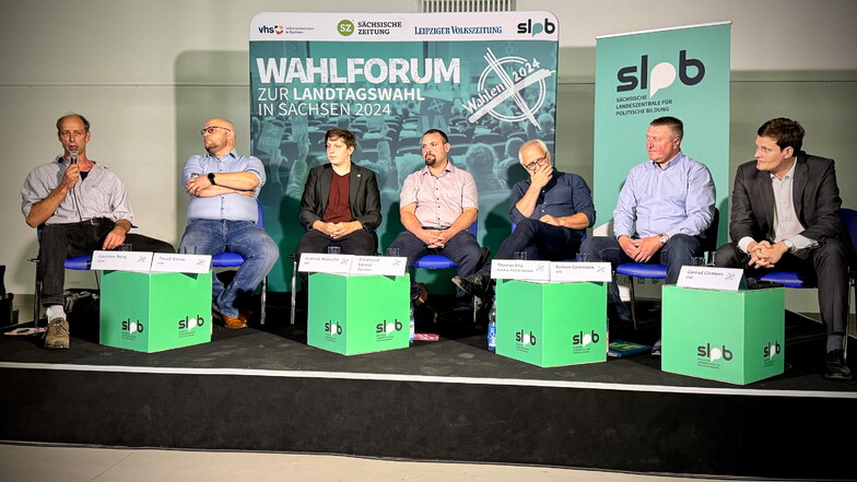 Beim Wahlforum in Löbau stellten sich Carsten Berg (BSW), Toralf Einsle (FDP), Andreas Wünsche (SPD), Ferdinand Lorenz (Die Linke), Thomas Pilz (Grüne), Roman Golombek (AfD) und Conrad Clemens (CDU) den Fragen (von links).