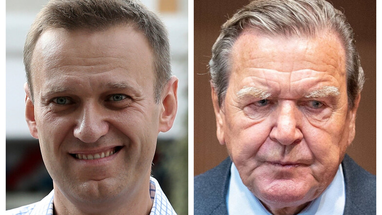 Alexej Nawalny (l.) hat Altkanzler Gerhard Schröder (SPD) die Annahme verdeckter Zahlungen von Russlands Präsident Wladimir Putin vorgeworfen.