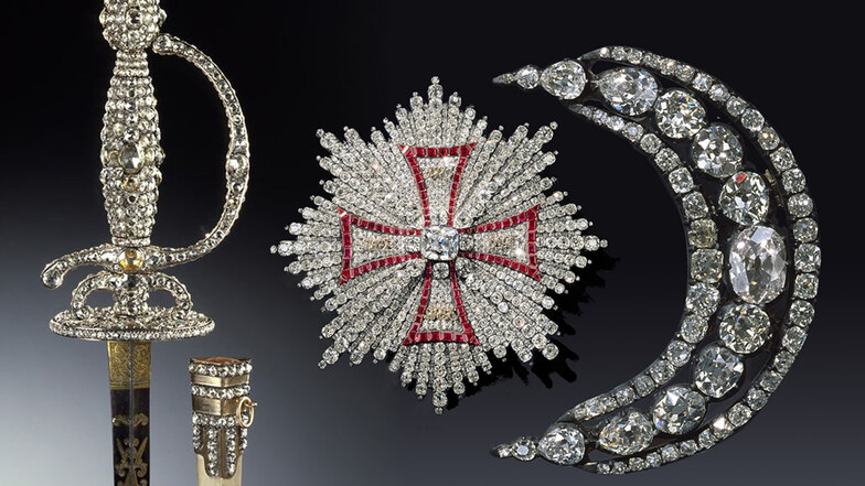 Diese Schmuckstücke wurden neben anderen aus dem Juwelenzimmer gestohlen (v. l.): Degen mit Scheide (Diamantrosengarnitur), zwischen 1782 und 1789 hergestellt; Bruststern des polnischen Weißen Adler-Ordens (Brillantgarnitur), zwischen 1746 und 1749; Aigre