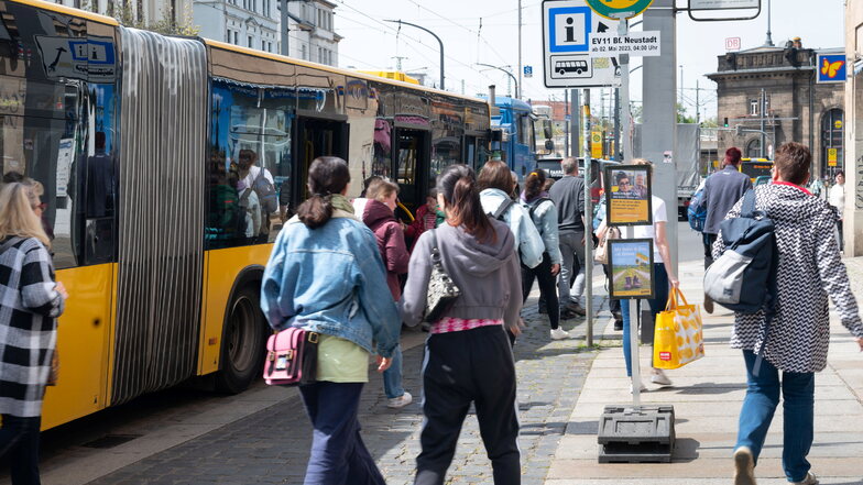 Ersatzbusse der Linie 11 müssen am Straßenrand der Antonstraße in Dresden halten, weil die Haltstelle zu schmal ist.