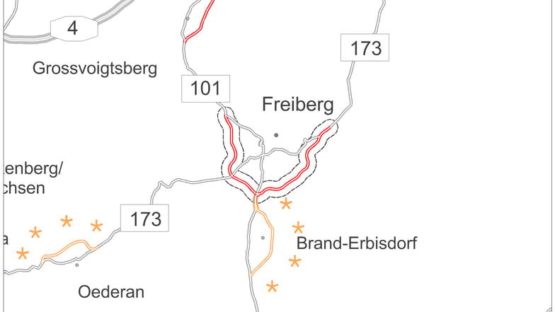 So sollte die Umgehung von Freiberg verlaufen. Doch mit der Verfahrenseinstellung durch die Landesdirektion sind die fast 20 Jahre laufenden Planungen erst einmal obsolet.