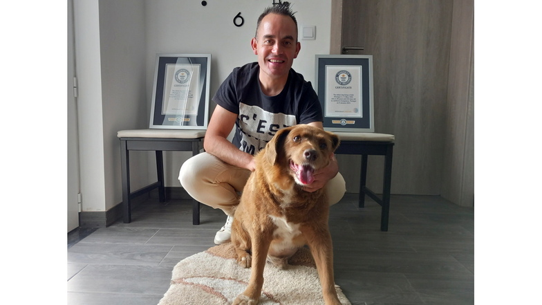 Bobi, ein Hund der portugiesischen Rasse Rafeiro do Alentejo, sitzt mit seinem Besitzer Leonel Costa und seiner Guinness-Weltrekord-Urkunde für den ältesten Hund.