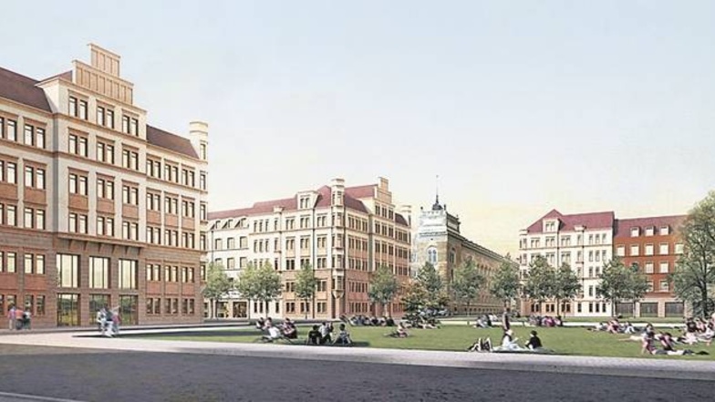 Von der einstigen Schönheit des Sachsenplatzes ist heute nicht mehr viel übrig. So könnte ein angemessener Rahmen für das Amtsgericht (Bildmitte) aussehen.