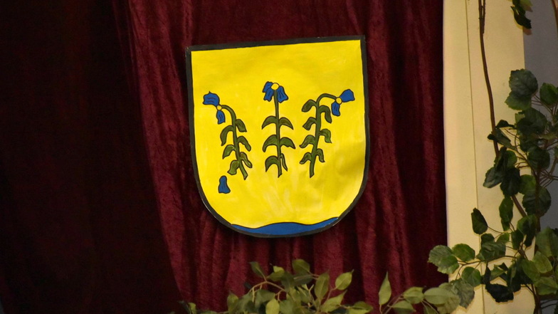 Hier war das Pretzschendorfer Wappen bei einer Einwohnerversammlung im Kulturhaus zu sehen. Die Darstellung mit den drei Flachsblüten darf aber nicht jeder nach Belieben verwenden.
