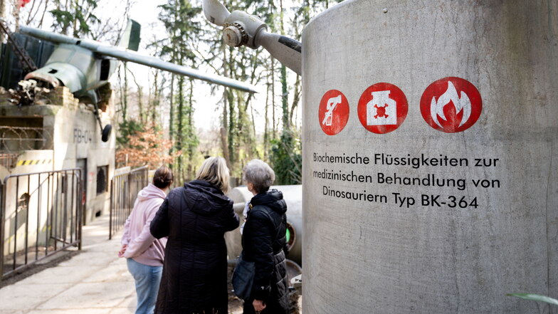 Rosemarie Gruß (r.) bestaunt die neue Attraktion im Saurierpark Kleinwelka. Ihr Mann Franz Gruß legte mit dem Bau von Urzeitechsen  den Grundstein für den heutigen Freizeitpark.