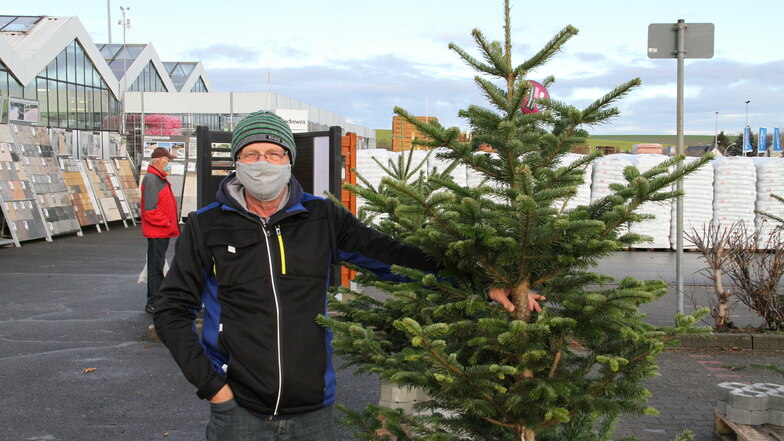 Bei toom kann man die Weihnachtsbäume kostenlos mitnehmen. Auch Joachim Mammitzsch aus Döbeln hat sich einen herausgesucht.