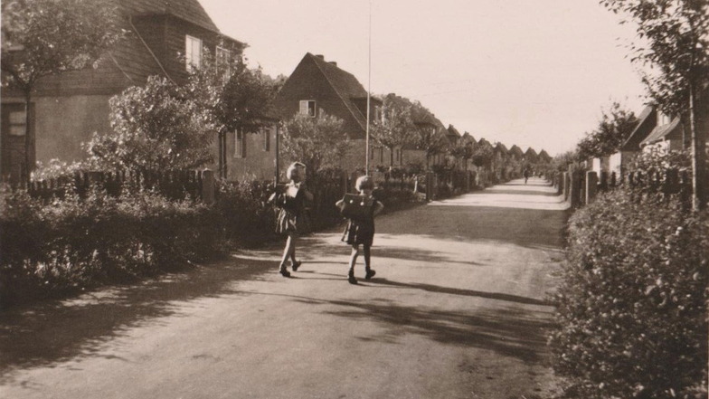"Ein Wohnparadies in Pirnas Süden." Blick 1941 von Evas Elternhaus an der Richthofen-Straße, jetzt Dürer-Straße, in die Lilienthal-Straße, heute Ludwig-Richter-Straße.