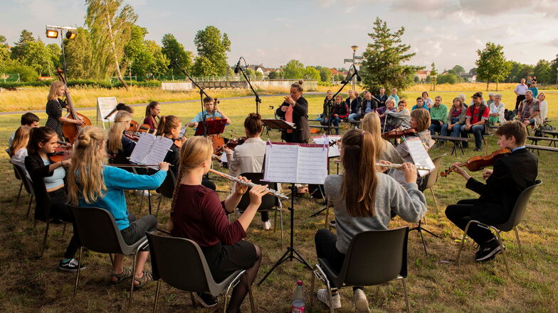 Das Orchester Saitensprung der Musikschule im Vorjahr beim Großenhainer Kultursommer. Viele Instrumente sind in dem Ensemble vertreten.