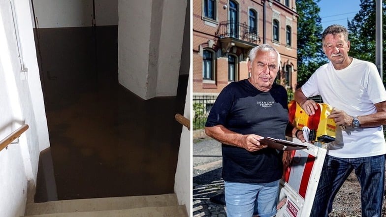 Der komplette Keller eines Hauses in der Lockwitztalstraße in Dresden war geflutet. Peter Luz (l.) und Michael Podgaiski warten jetzt auf Klarheit, wer den Schaden bezahlt.