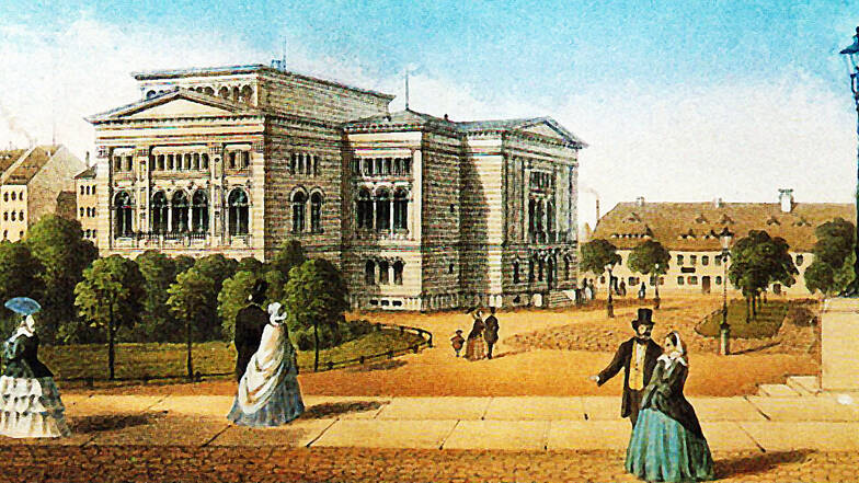 In Görlitz bot das neue Stadttheater einen prächtigen Anblick. Diese Farblithografie entstand um 1865. Später wurde es nochmals umgebaut.