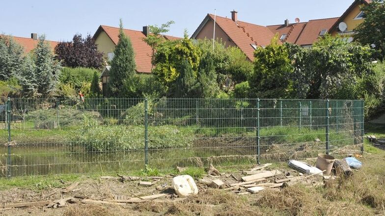 Die Elbeflut 2013 walzte auch durch das Wohngebiet „An der Elbaue“ in Pratzschwitz und ließ jede Menge Unrat zurück. Am schlimmsten hatte es die untere, zur Elbe zeigende Häuserreihe getroffen.