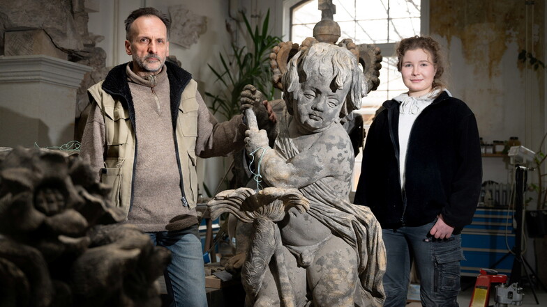 Hans-Christoph Pampel und Lydia Zbanek sichern mit ihrer Arbeit für die Zwingerbauhütte den Erhalt der barocken Pracht.