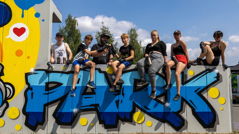 Die Sprühdosen-Künstler am Skaterpark: Kelvin (15), Paul (13), René Donath, Henry (13), Angelice (15), Lea (14) und Tina (16, v.l.).