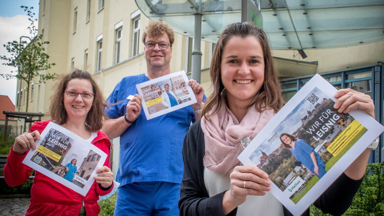 Pflegedirektion Uta Reichel, der Ärztliche Direktor Dr. med. René Schwarz und Mandy Glauch, verantwortlich für die Krankenhaushygiene(von links), sind drei von sechs Gesichtern einer Kampagne der Helios-Klinik Leisnig.