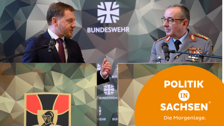 Sachsens Ministerpräsident Michael Kretschmer (CDU) und Carsten Breuer, Generalinspekteur der Bundeswehr sprachen über Krisenbewältigung im Freistaat.
