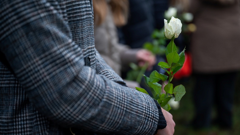 Eine Görlitzer Schülerin hält eine weiße Rose in der Hand.