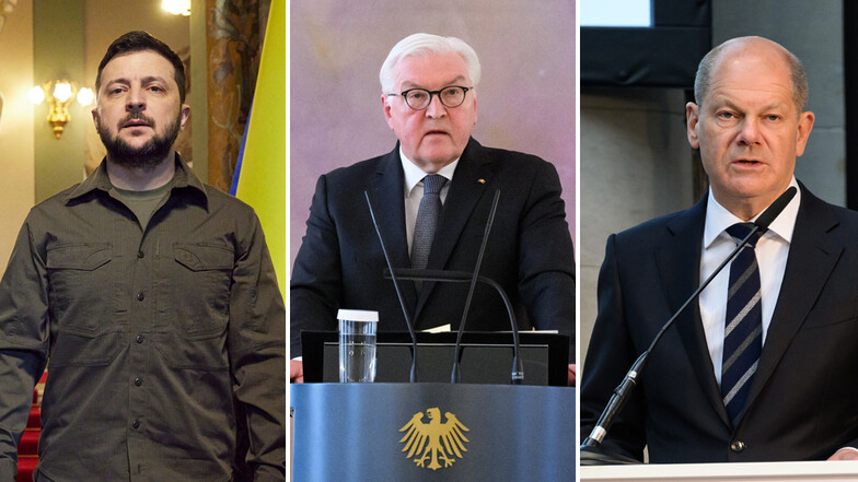 Der ukrainische Präsidenten Wolodymyr Selenskyj (l) hat den deutschen Bundespräsidenten Frank-Walter Steinmeier (M) und Bundeskanzler Olaf Scholz zu einem Besuch Kiews eingeladen.