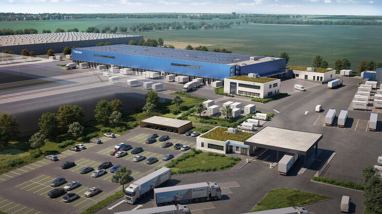 So soll das neue Logistikunternehmen Hermes an der Autobahn A13 in Thiendorf in anderthalb Jahren aussehen.
