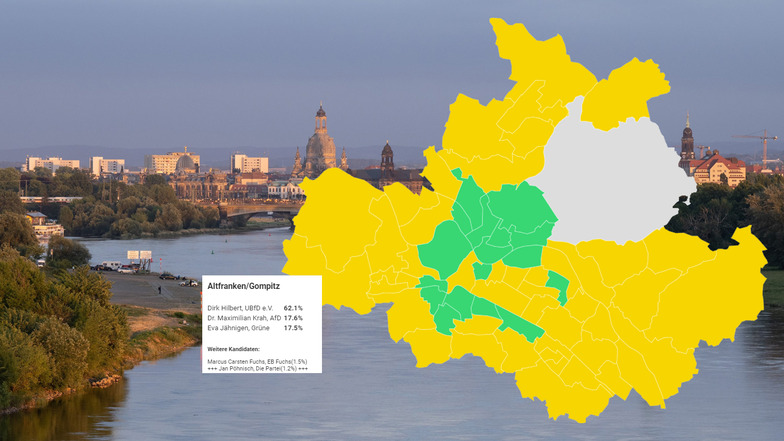 Unsere interaktive Grafik zeigt, welcher Kandidat bzw. welche Kandidatin bei der OB-Wahl 2022 in welchem Dresdner Stadtteil als Gewinner hervorging.