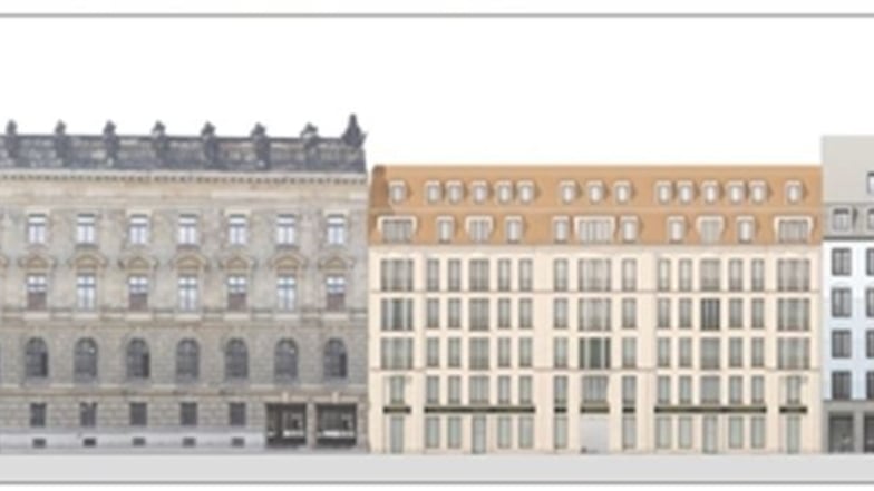 Dieser Entwurf der Häuser auf der Rampischen Straße wurde zum Wettbewerb gezeigt, worauf rechts neben dem Polizeipräsidium das Palais Riesch zu sehen ist, das soll jetzt höher werden.