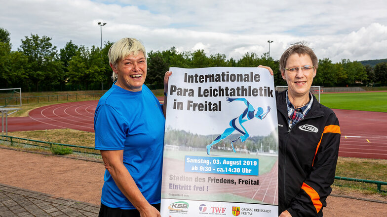 Organisatorinnen Siena Christen (l.) und Daniela Hofmann vom KSB freuen sich schon auf den 3. August. Zur Internationalen Para Leichtathletik kommen internationale Spitzensportler nach Freital.