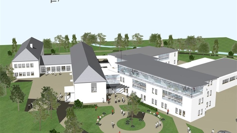 So könnte der neue Teil der Oberschule in Baruth in Verbindung mit der jetzigen Grundschule (links im Bild) aussehen.