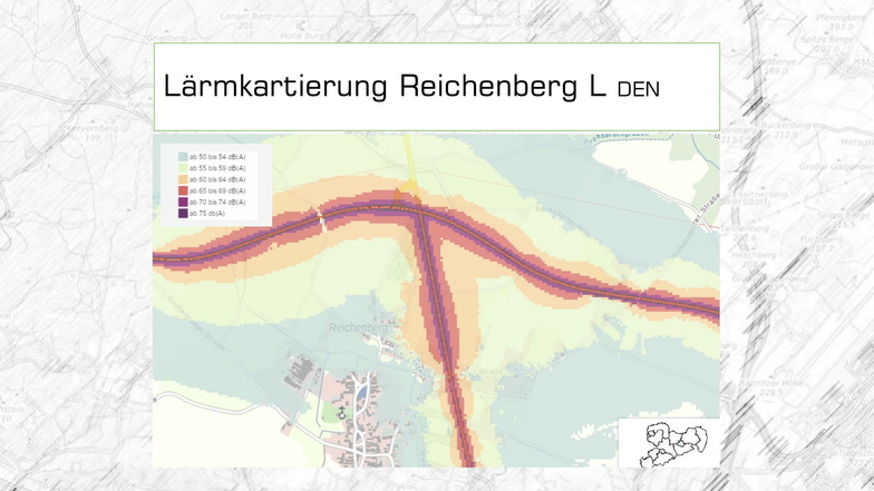 Die Lärmkartierung des Landesumweltamtes zeigt, wie sich der Lärm der Straßen im Tagesmittel auf die Umgebung auswirkt. Rote Gebiete sind Lautstärken über dem Schwellenwert von 65 Dezibel ausgesetzt. Hier ein Beispiel aus Reichenberg.