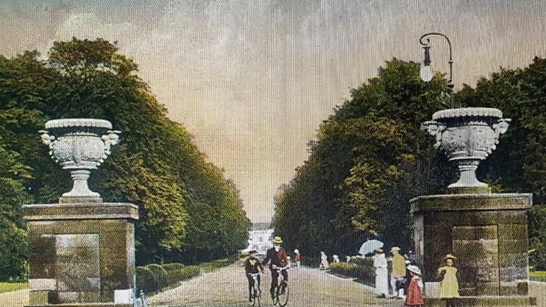 Diese Postkarte zeigt einen Blick zum Königlich Großen Garten um 1910. Zu dieser Zeit hatten die Prunkvasen schon 80 Jahre dort gestanden.