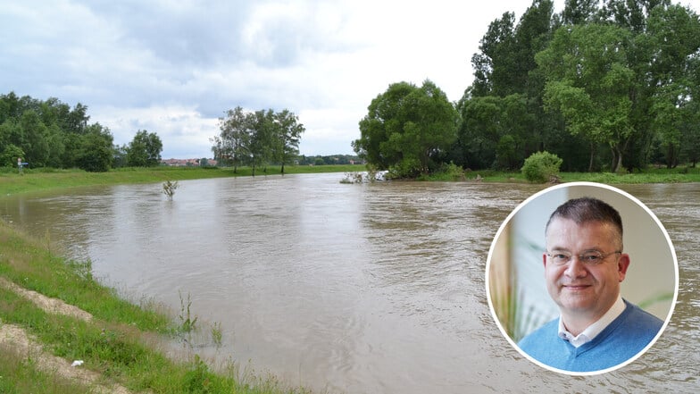 So hoch stand das Hochwasser in der Neiße bei Rothenburg 2013. Katastrophenschützer Markus Kremser (kleines Bild) rät immer zur Vorsicht.