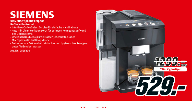 Siemens TQ505D09 EQ.500 Kaffeevollautomat jetzt 770€ günstiger