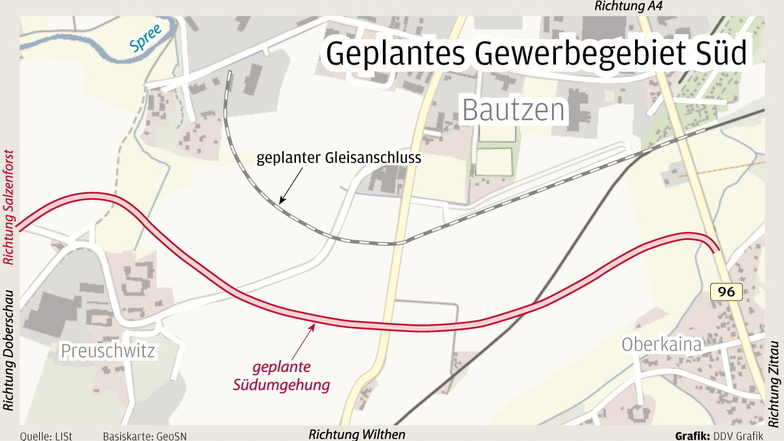 So könnte der Gleisanschluss im Gewerbegebiet Süd in Bautzen laut einer Voruntersuchung aussehen. Momentan werden weitere Varianten geprüft.