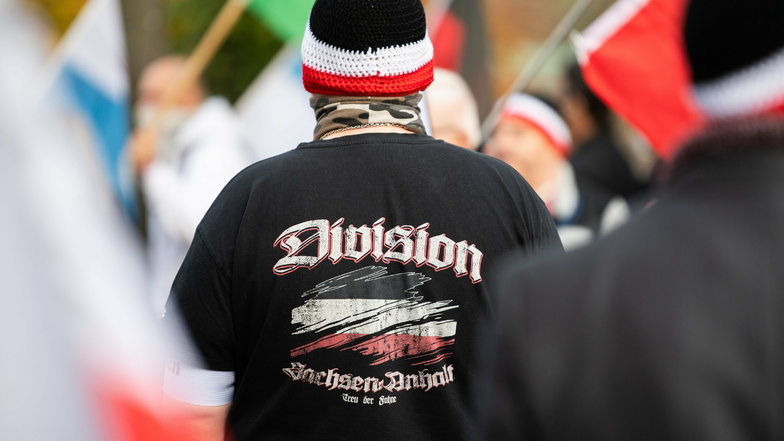 Ein Mann trägt bei einer Demonstration von Reichsbürgern einen Pullover mit dem Aufdruck "Division Sachsen-Anhalt - Treu der Fahne·". Reichsbürger sind bei Protesten gegen die Corona-Politik fast immer mit an Bord.
