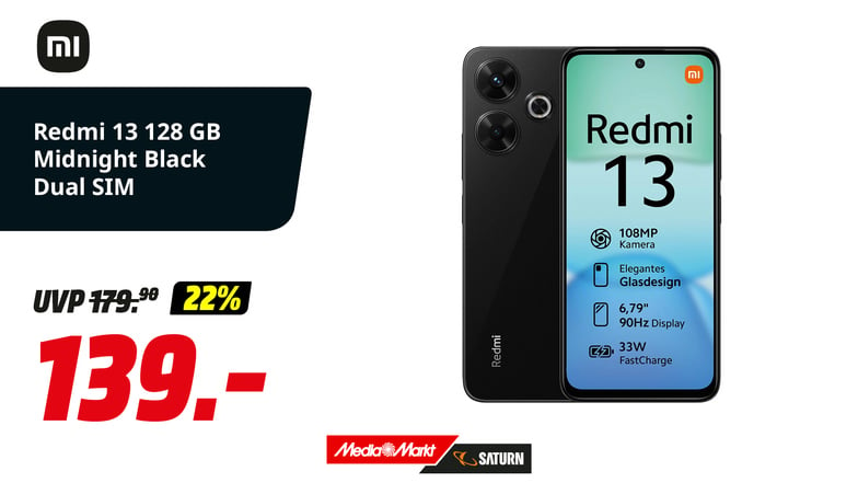 Xiaomi Smartphone Redmi 13 (6+128 GB) Midnight Black – Starke Performance und edles Design in Midnight Black, ideal für anspruchsvolle Nutzer.