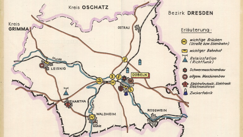 Das Bild zeigt die Übersichtskarte der Stasi für den Kreis Döbeln. Sie stammt aus den
Beständen der Bezirksverwaltung für Staatssicherheit Leipzig.